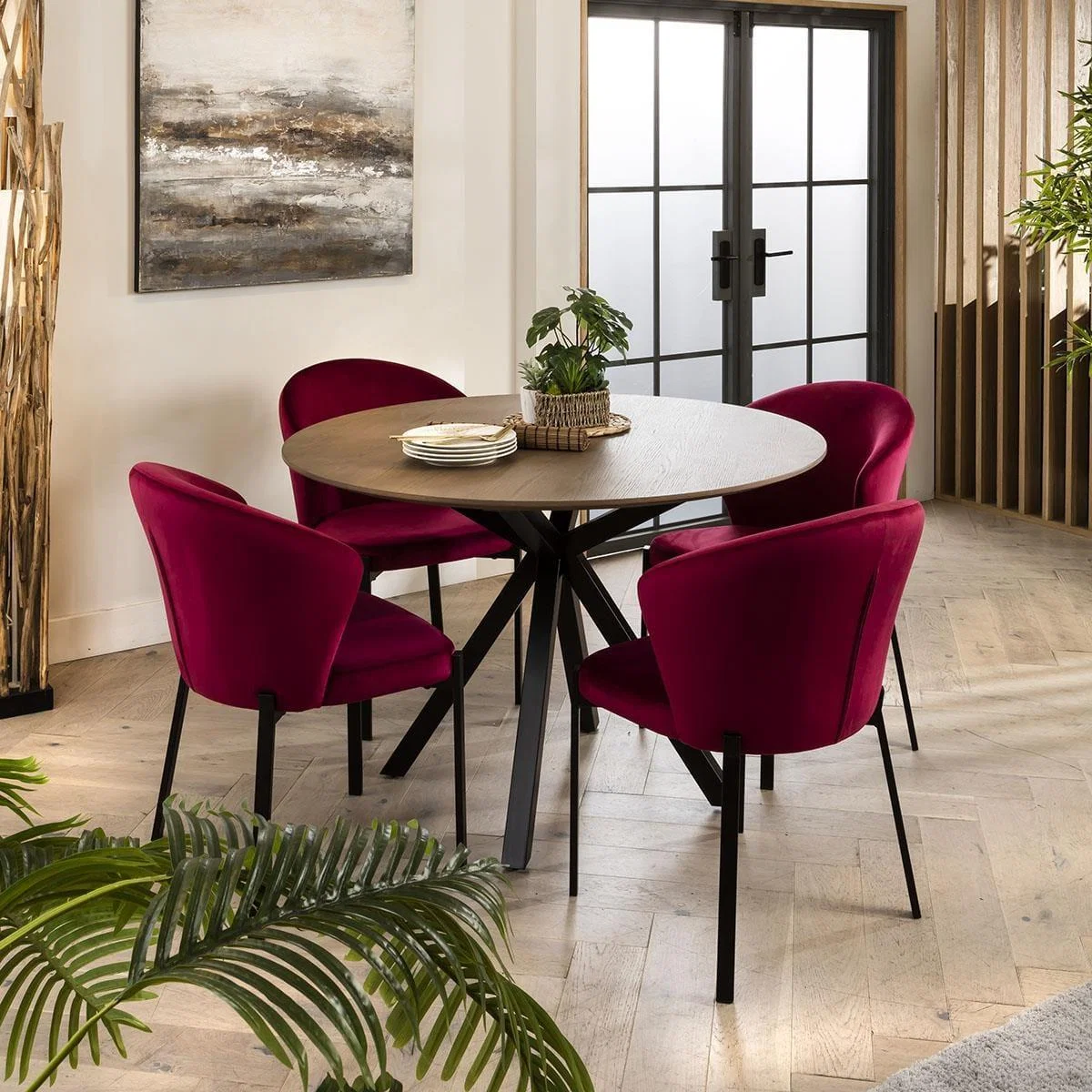 Contemporary Stained Round Solid Wooden Dining Set For 4 Red Velvet – image 2
