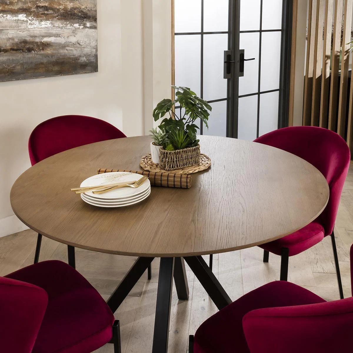 Contemporary Stained Round Solid Wooden Dining Set For 4 Red Velvet – image 3