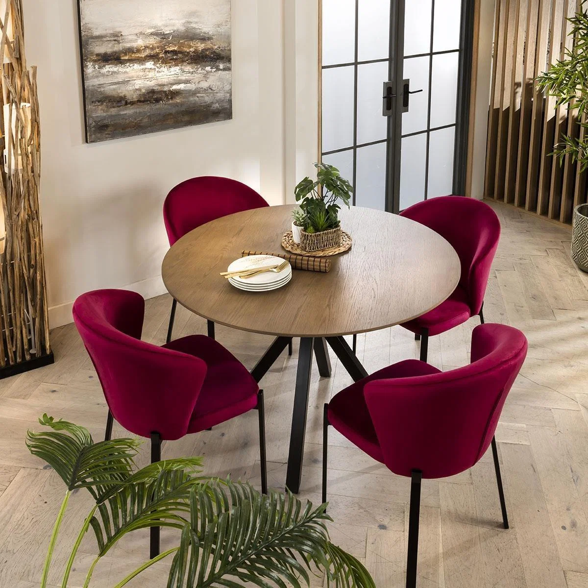 Contemporary Stained Round Solid Wooden Dining Set For 4 Red Velvet – image 1