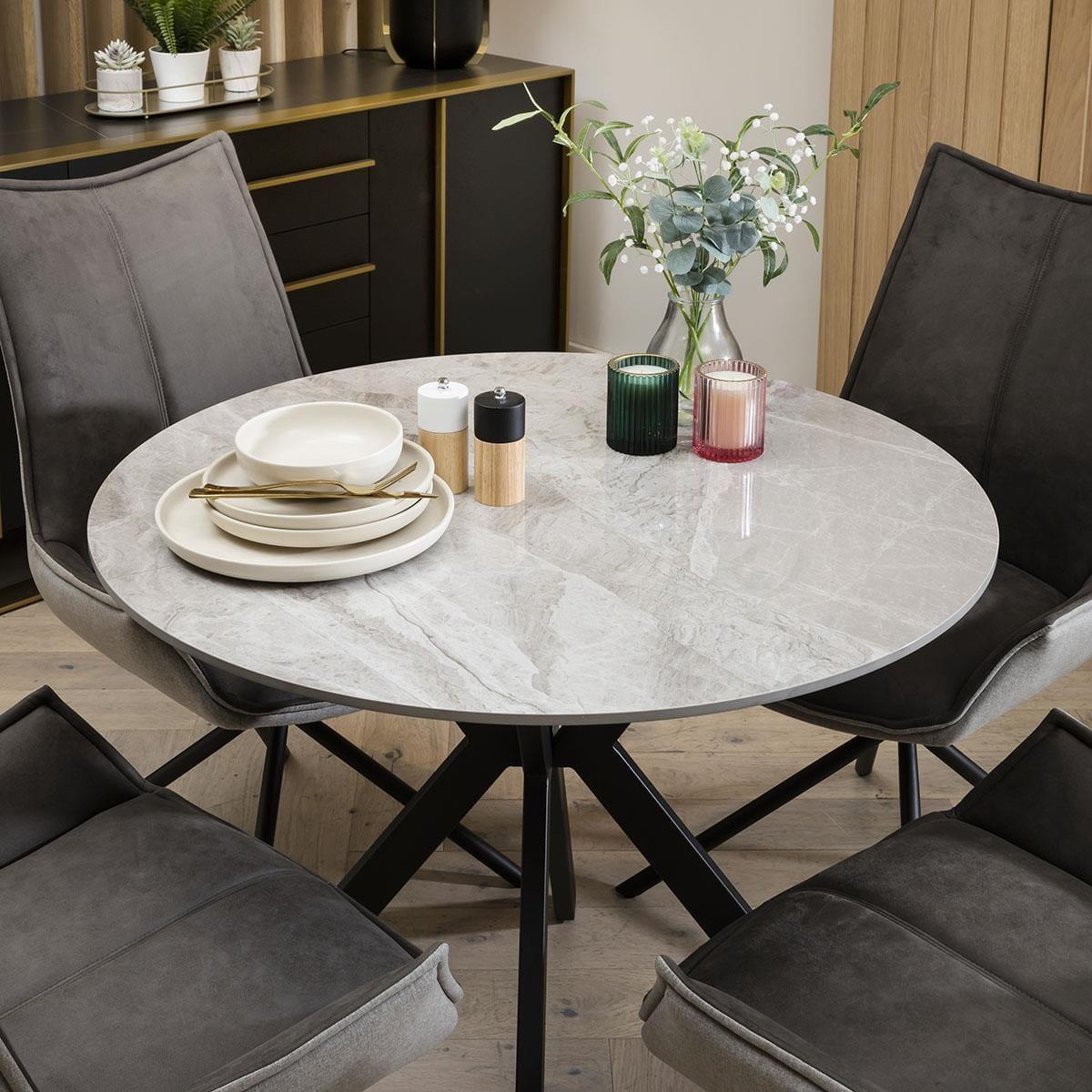Premium Dining Set 4 Seater Round Grey Ceramic Marble Dining Table And Grey Chairs – image 2