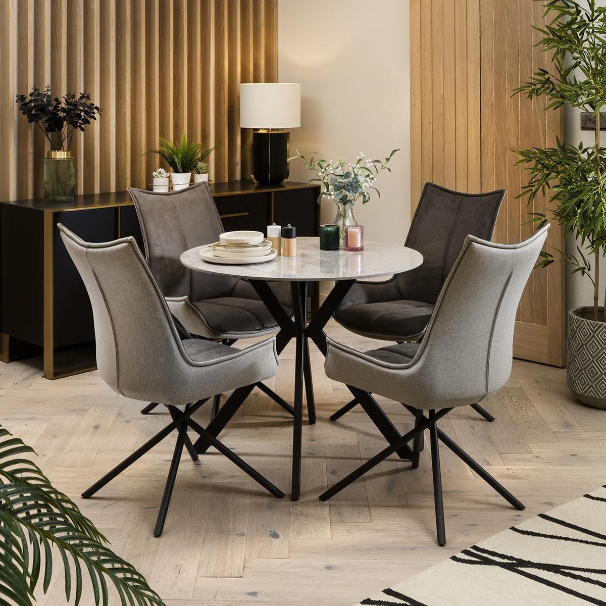 Premium Dining Set 4 Seater Round Grey Ceramic Marble Dining Table And Grey Chairs – image 3