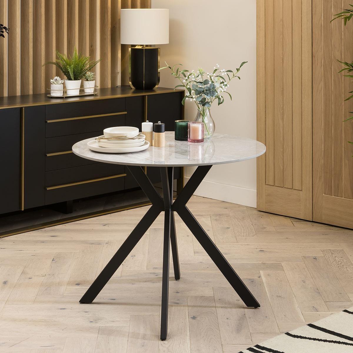 Premium Dining Set 4 Seater Round Grey Ceramic Marble Dining Table And Grey Chairs – image 9