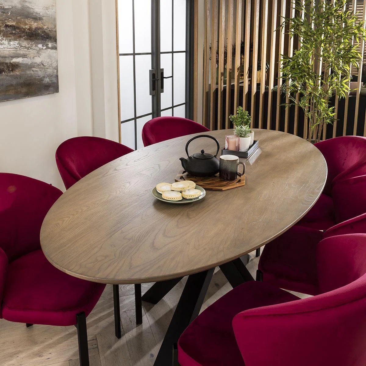 Luxury Solid Stained Wood 6 Seater Dining Set Oval Red Velvet 200cm – image 2