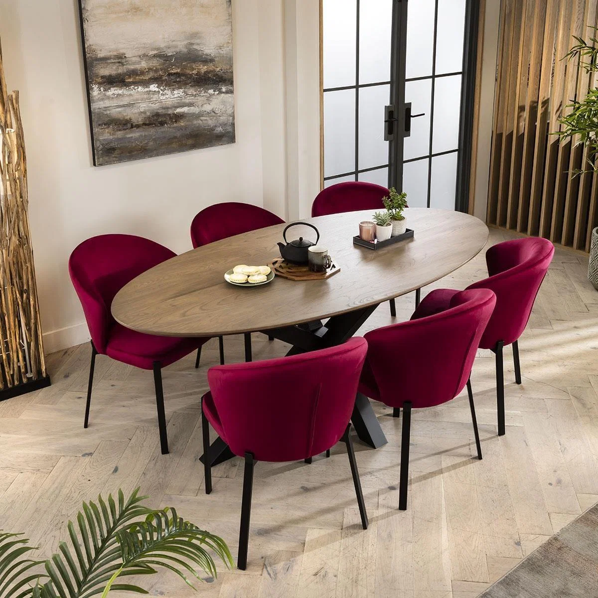 Luxury Solid Stained Wood 6 Seater Dining Set Oval Red Velvet 200cm – image 3