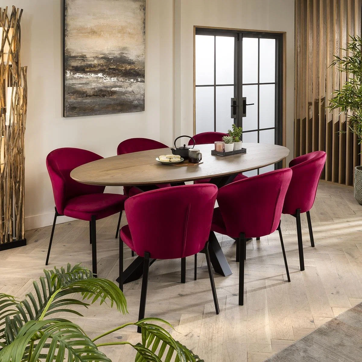 Luxury Solid Stained Wood 6 Seater Dining Set Oval Red Velvet 200cm – image 1