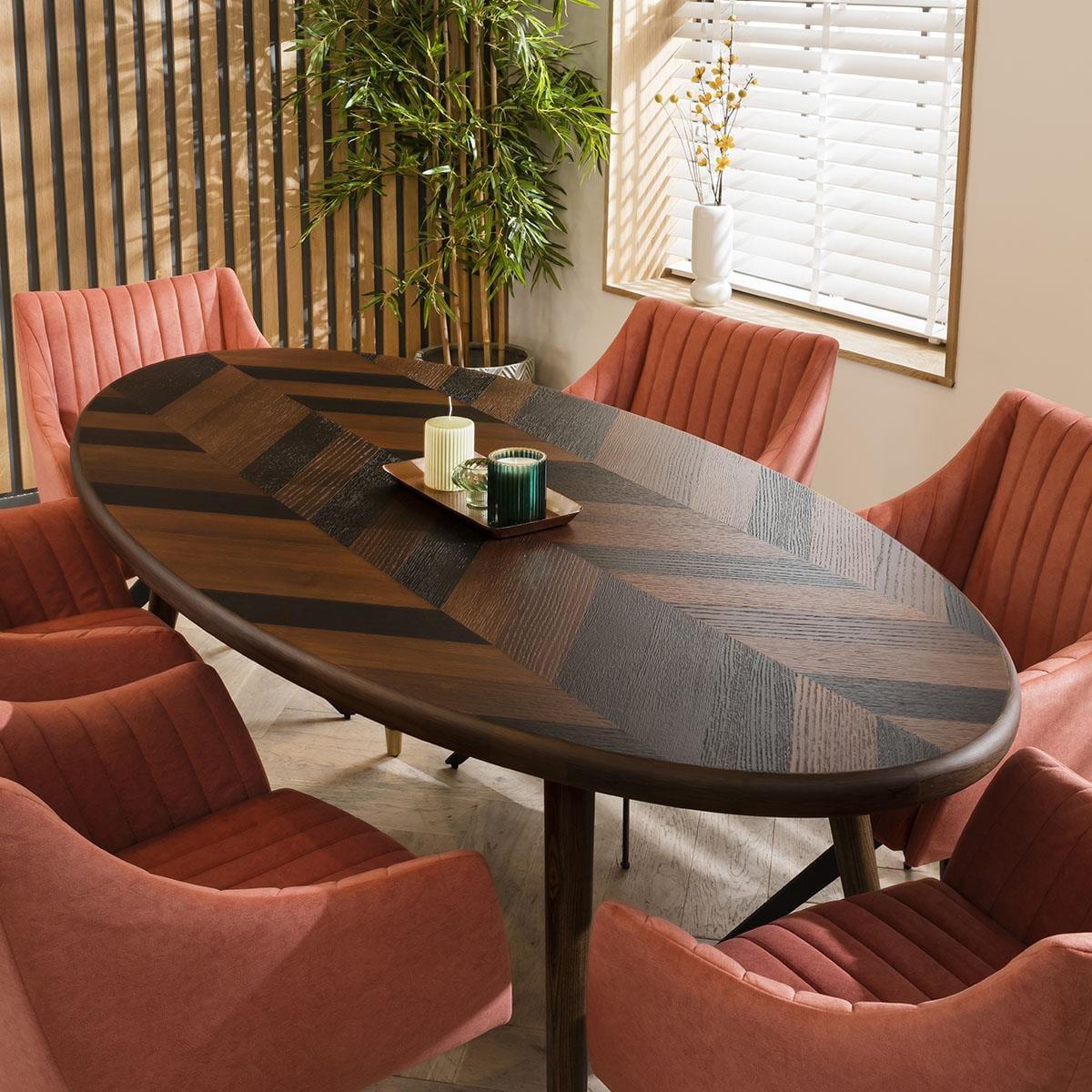Modern 6 Seater Oval Dining Set Swivel Carver Chairs With Arms Pink – image 2