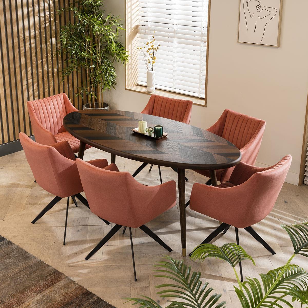 Modern 6 Seater Oval Dining Set Swivel Carver Chairs With Arms Pink – image 3