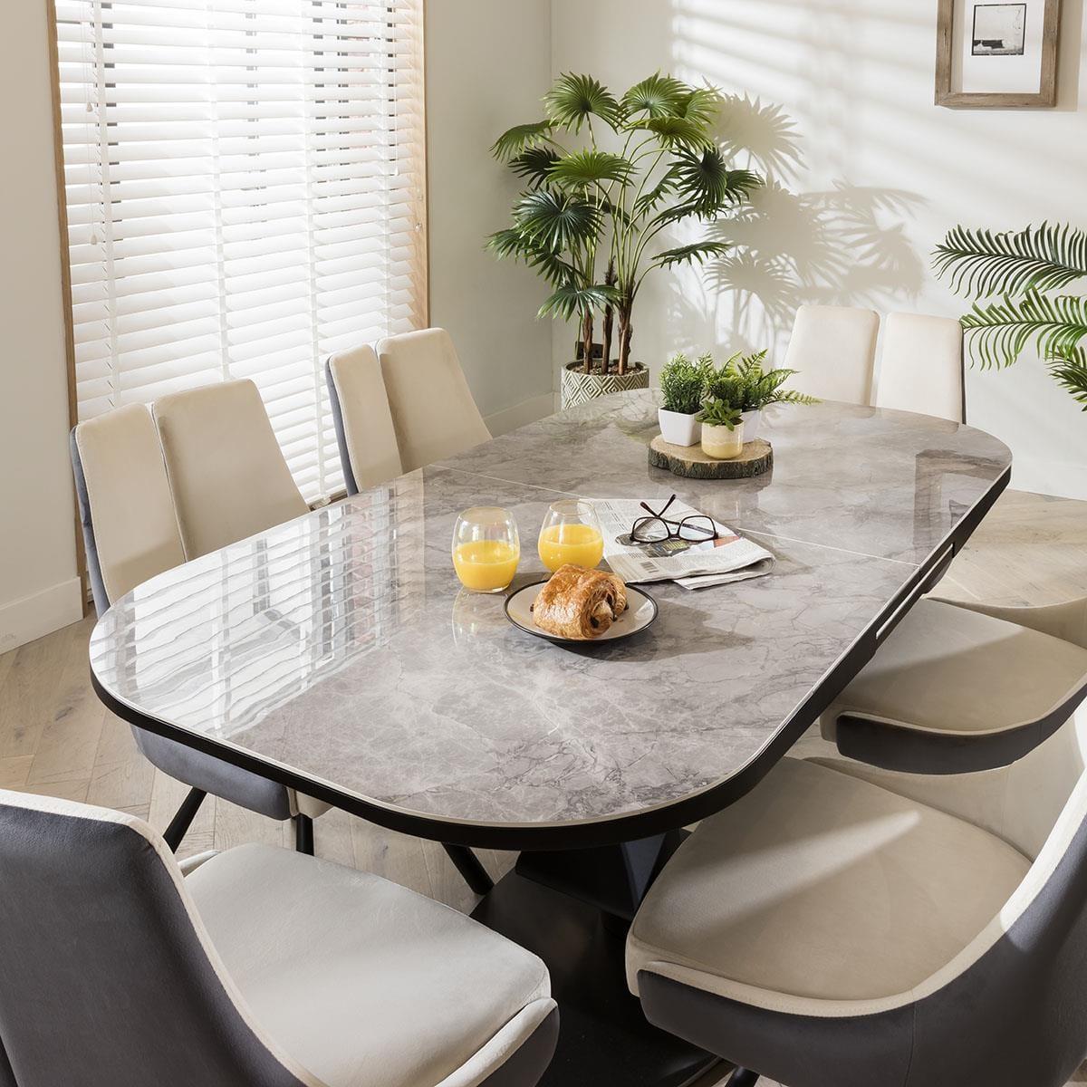 6 Seater Durable Grey Ceramic Extending Dining Table & Velvet Chairs Set – image 2