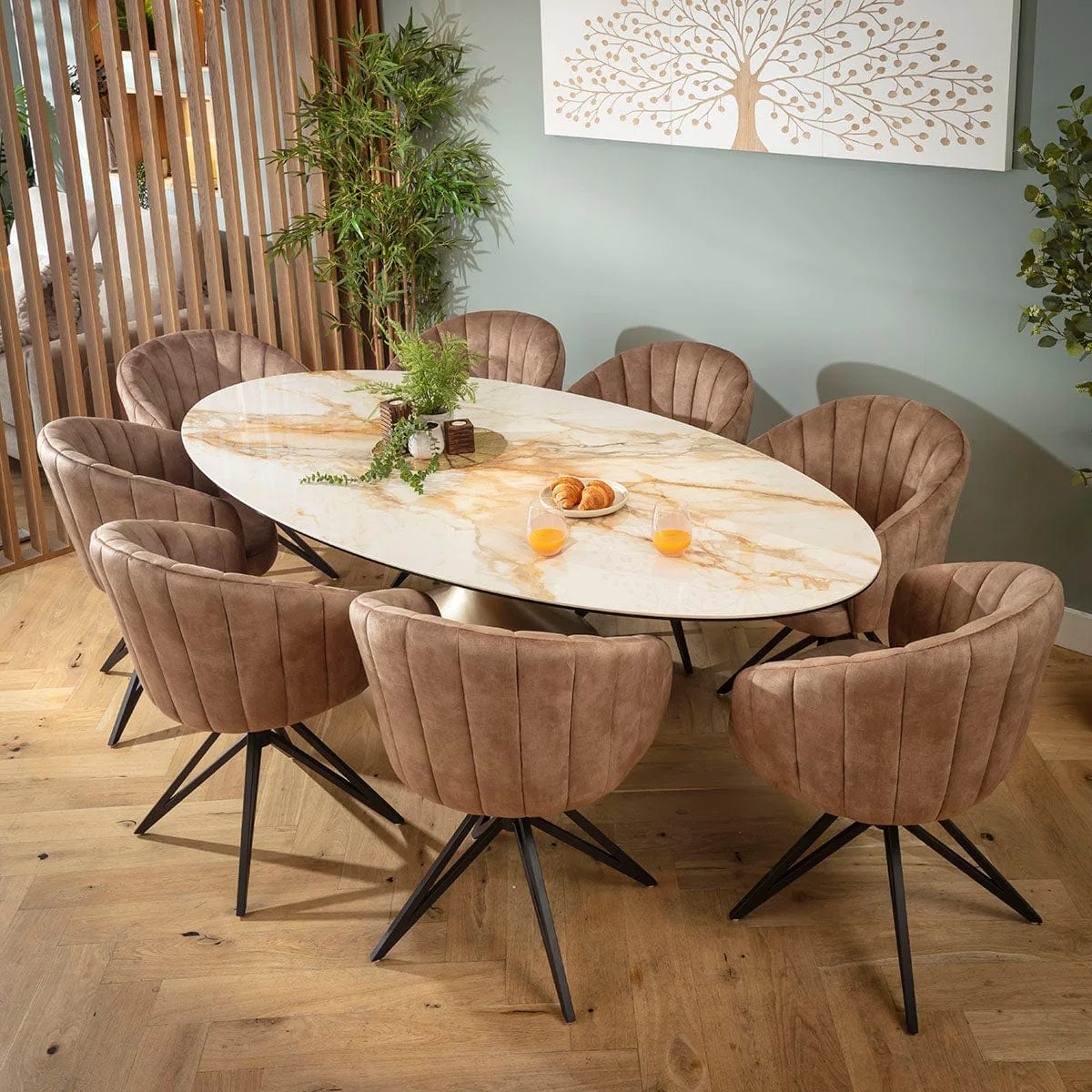 Large Oval 8 Seater Ceramic Marble Dining Table and Chairs Set Brown White – image 2
