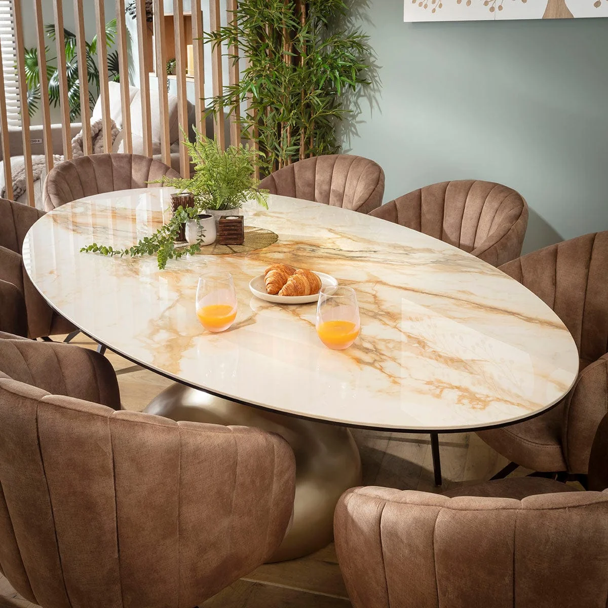 Large Oval 8 Seater Ceramic Marble Dining Table and Chairs Set Brown White – image 3