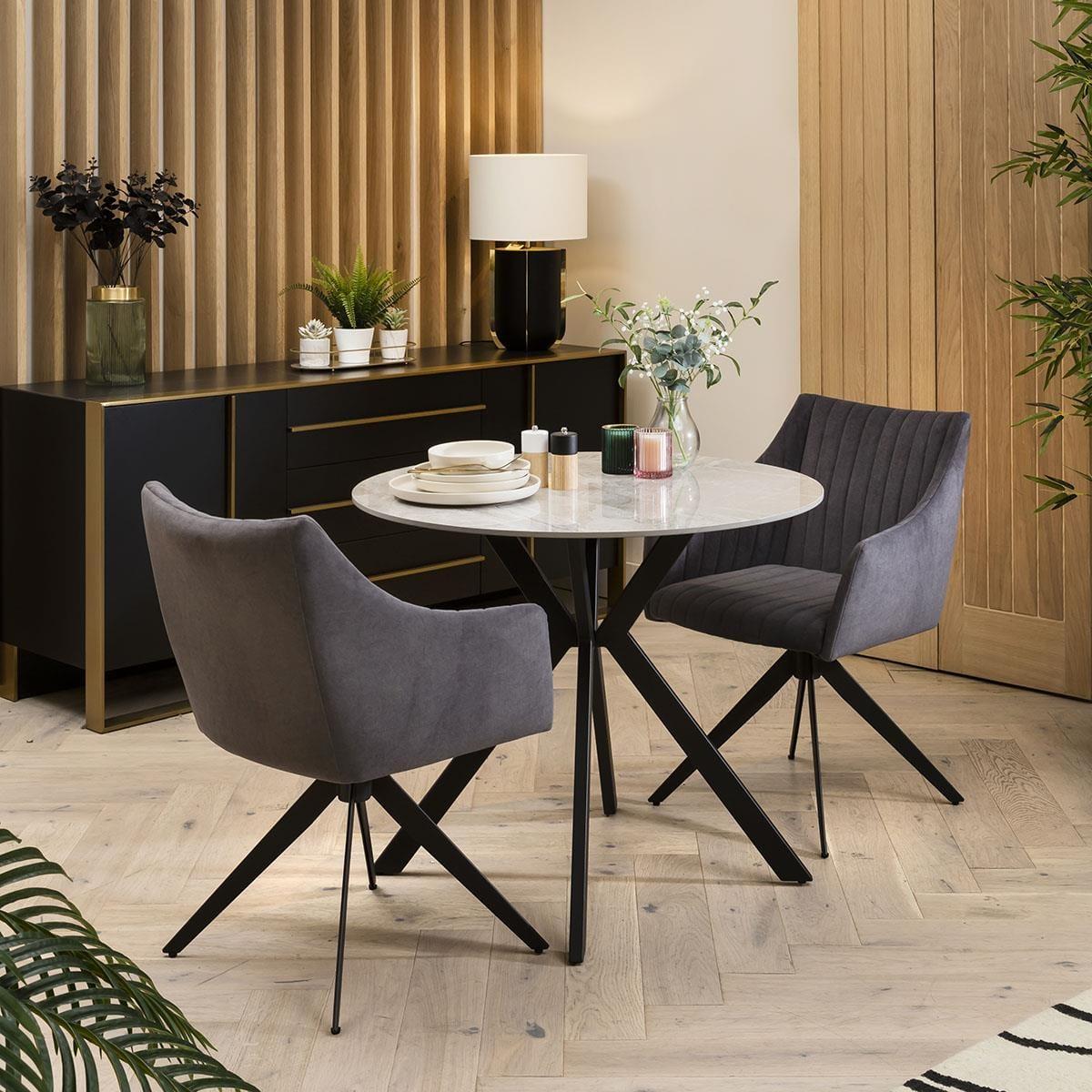 2 Seater Grey Ceramic Round Dining Table And Carver Dining Chairs With Arms – image 3