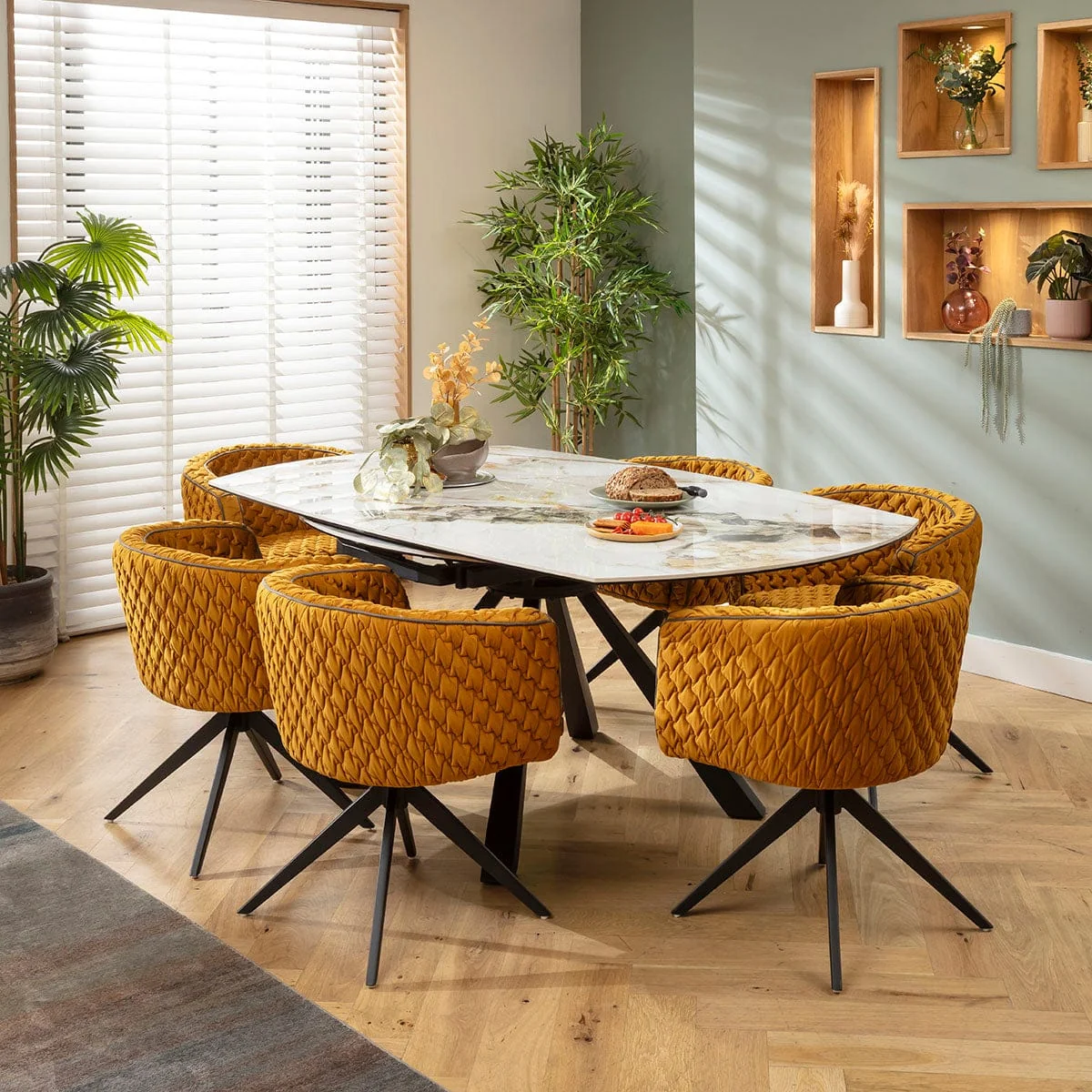 Modern Round Extendable Dining Table and Chairs 6 Seater Set Mustard Yellow & White Ceramic – image 2