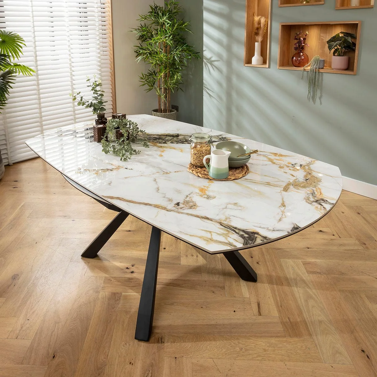 Modern Round Extendable Dining Table and Chairs 6 Seater Set Mustard Yellow & White Ceramic – image 4