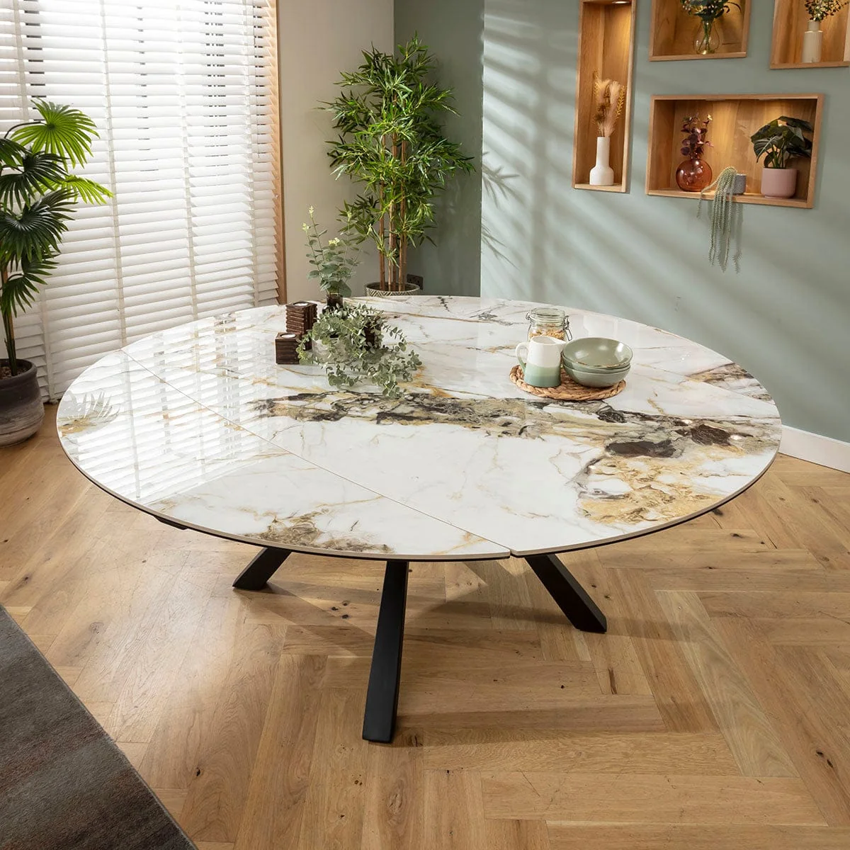 Modern Round Extendable Dining Table and Chairs 6 Seater Set Mustard Yellow & White Ceramic – image 5
