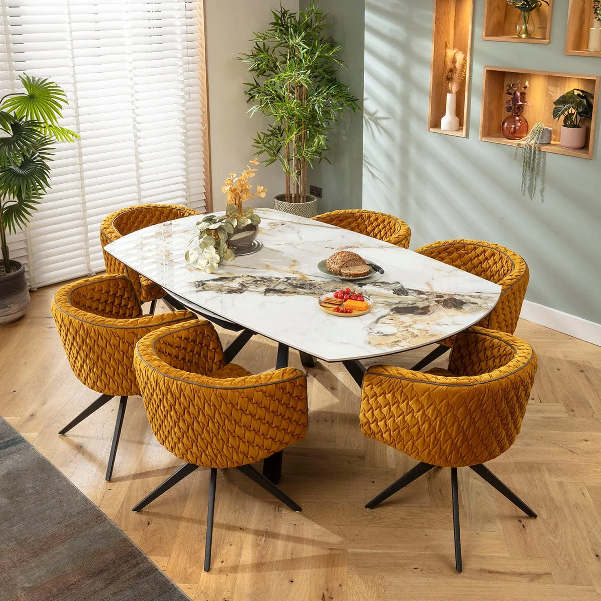 Modern Round Extendable Dining Table and Chairs 6 Seater Set Mustard Yellow & White Ceramic – image 6