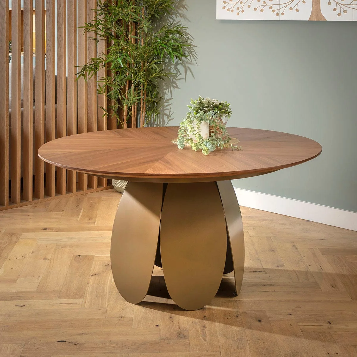 Contemporary 6 Seater Round Dining Table and Chairs Set Brown Walnut Wood – image 2