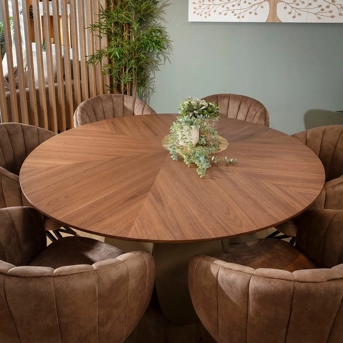 Contemporary 6 Seater Round Dining Table and Chairs Set Brown Walnut Wood – image 3