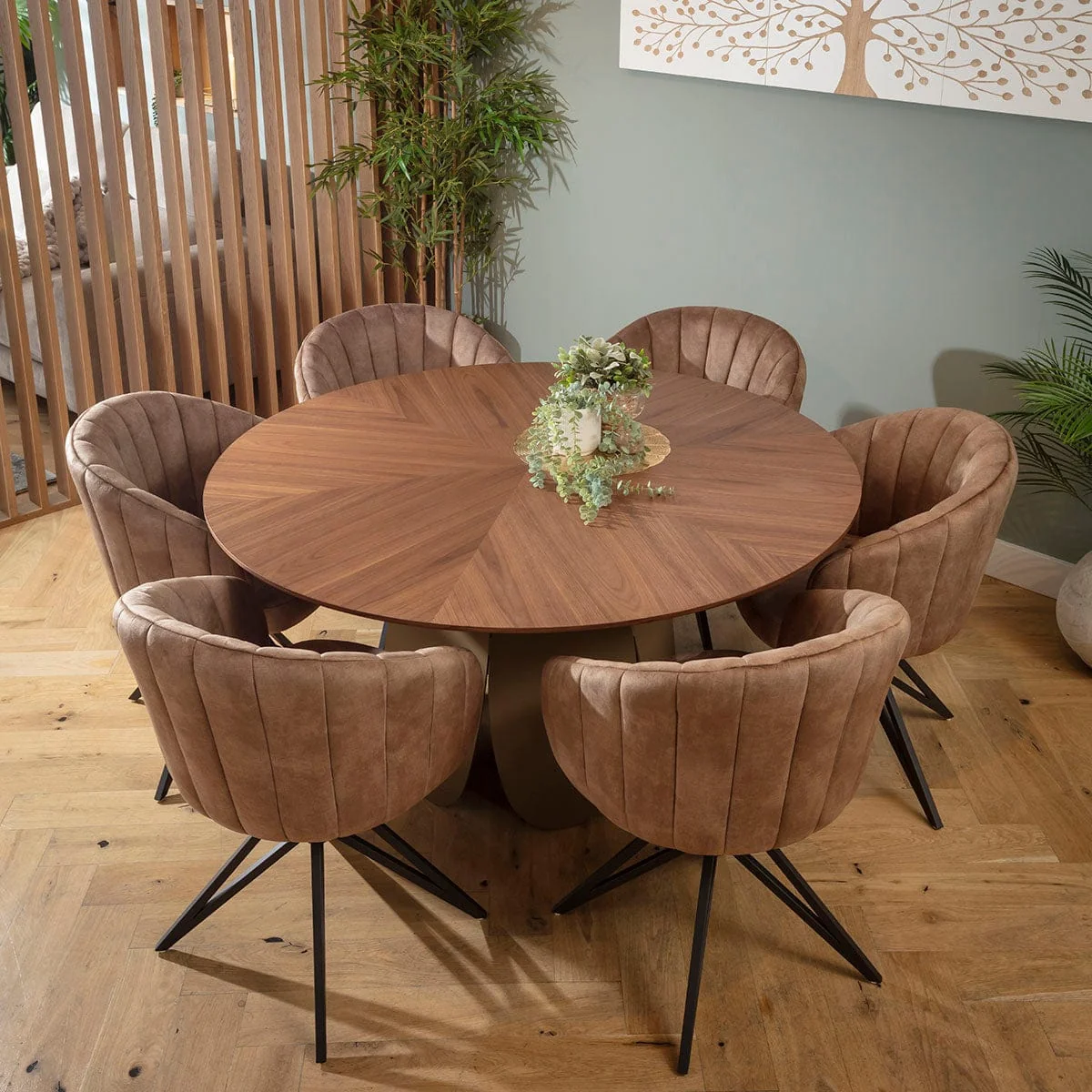 Contemporary 6 Seater Round Dining Table and Chairs Set Brown Walnut Wood – image 4
