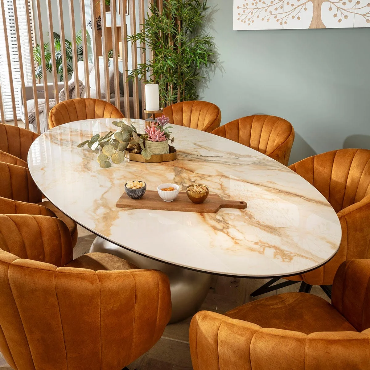 Large Oval 8 Seater Ceramic Marble Dining Table and Chairs Set Saffron White – image 2