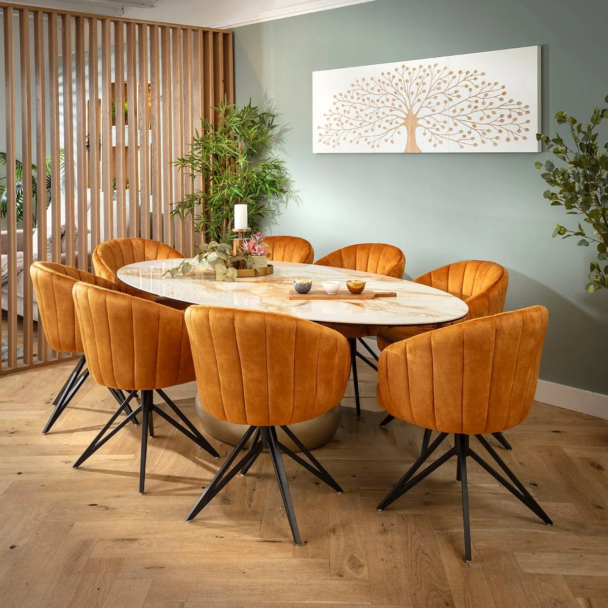 Large Oval 8 Seater Ceramic Marble Dining Table and Chairs Set Saffron White – image 7