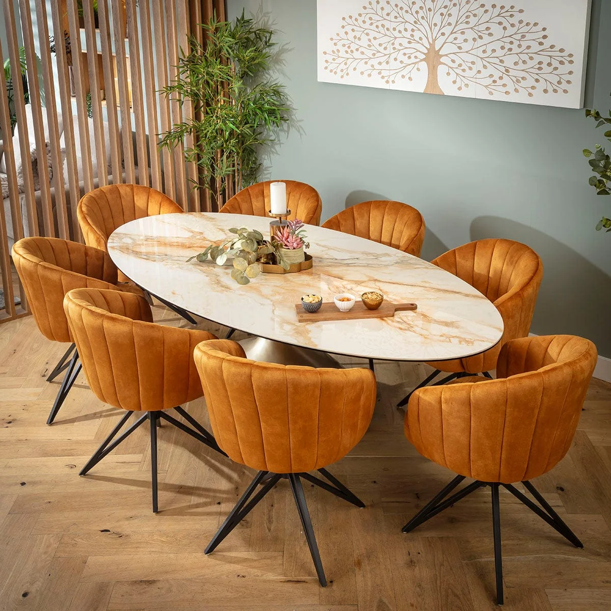 Large Oval 8 Seater Ceramic Marble Dining Table and Chairs Set Saffron White – image 1