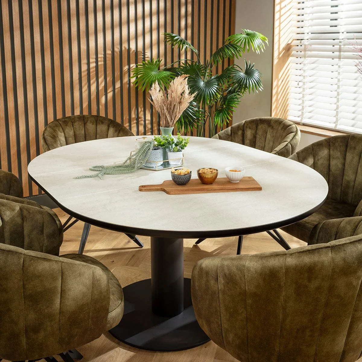 Contemporary Round Extendable Dining Table and Chairs 6 Seater Set Green & Light Grey Ceramic – image 2
