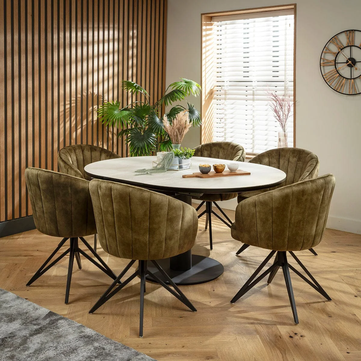 Contemporary Round Extendable Dining Table and Chairs 6 Seater Set Green & Light Grey Ceramic – image 3