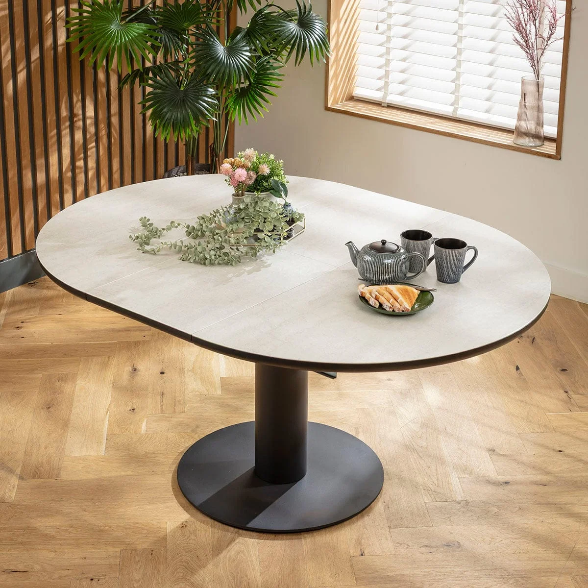 Contemporary Round Extendable Dining Table and Chairs 6 Seater Set Green & Light Grey Ceramic – image 7