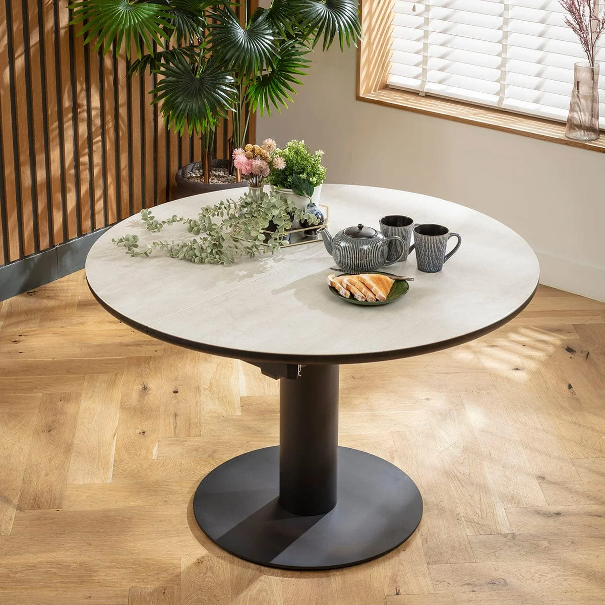 Contemporary Round Extendable Dining Table and Chairs 6 Seater Set Green & Light Grey Ceramic – image 8