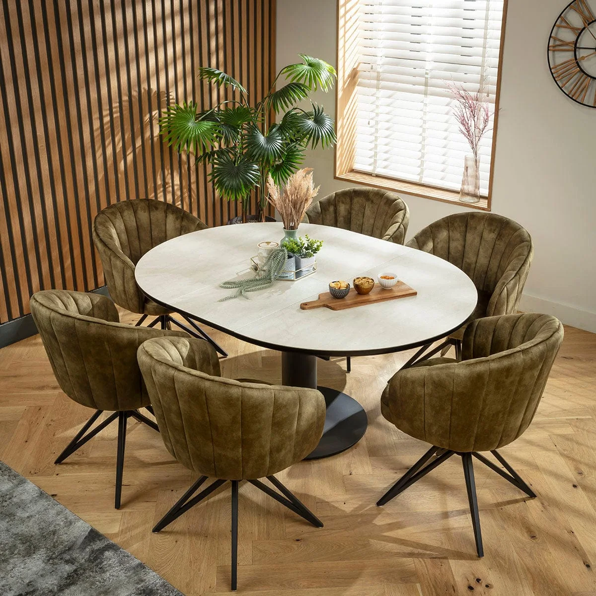 Contemporary Round Extendable Dining Table and Chairs 6 Seater Set Green & Light Grey Ceramic – image 1