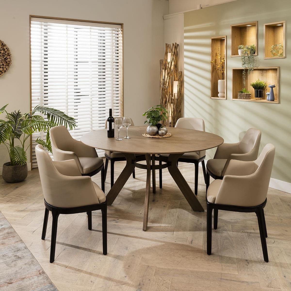 Modern Round Wooden Dining Table And 6 Beige Leather Modern Chair Set – image 2