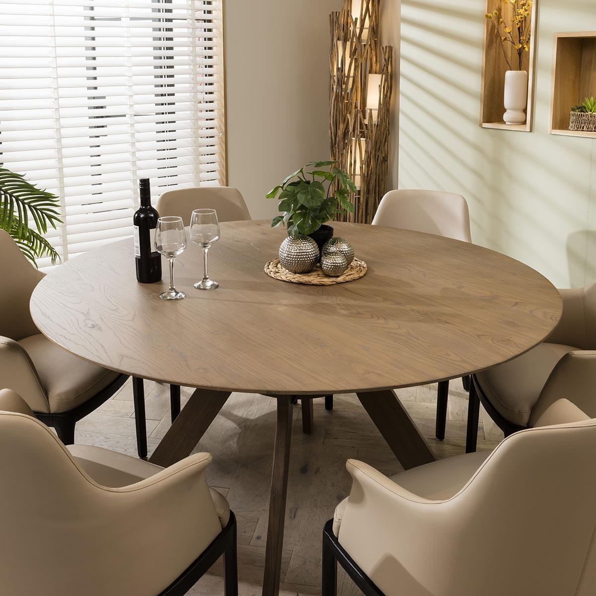 Modern Round Wooden Dining Table And 6 Beige Leather Modern Chair Set – image 3