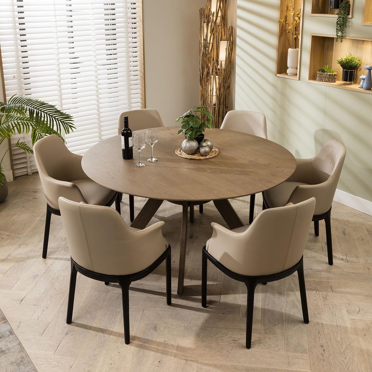 Modern Round Wooden Dining Table And 6 Beige Leather Modern Chair Set – image 4