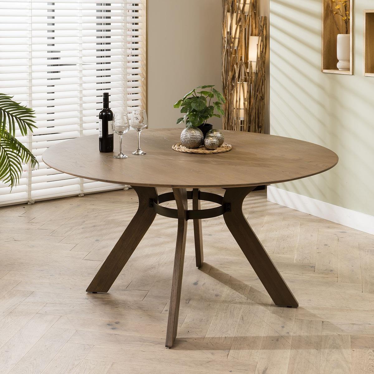 Modern Round Wooden Dining Table And 6 Beige Leather Modern Chair Set – image 5