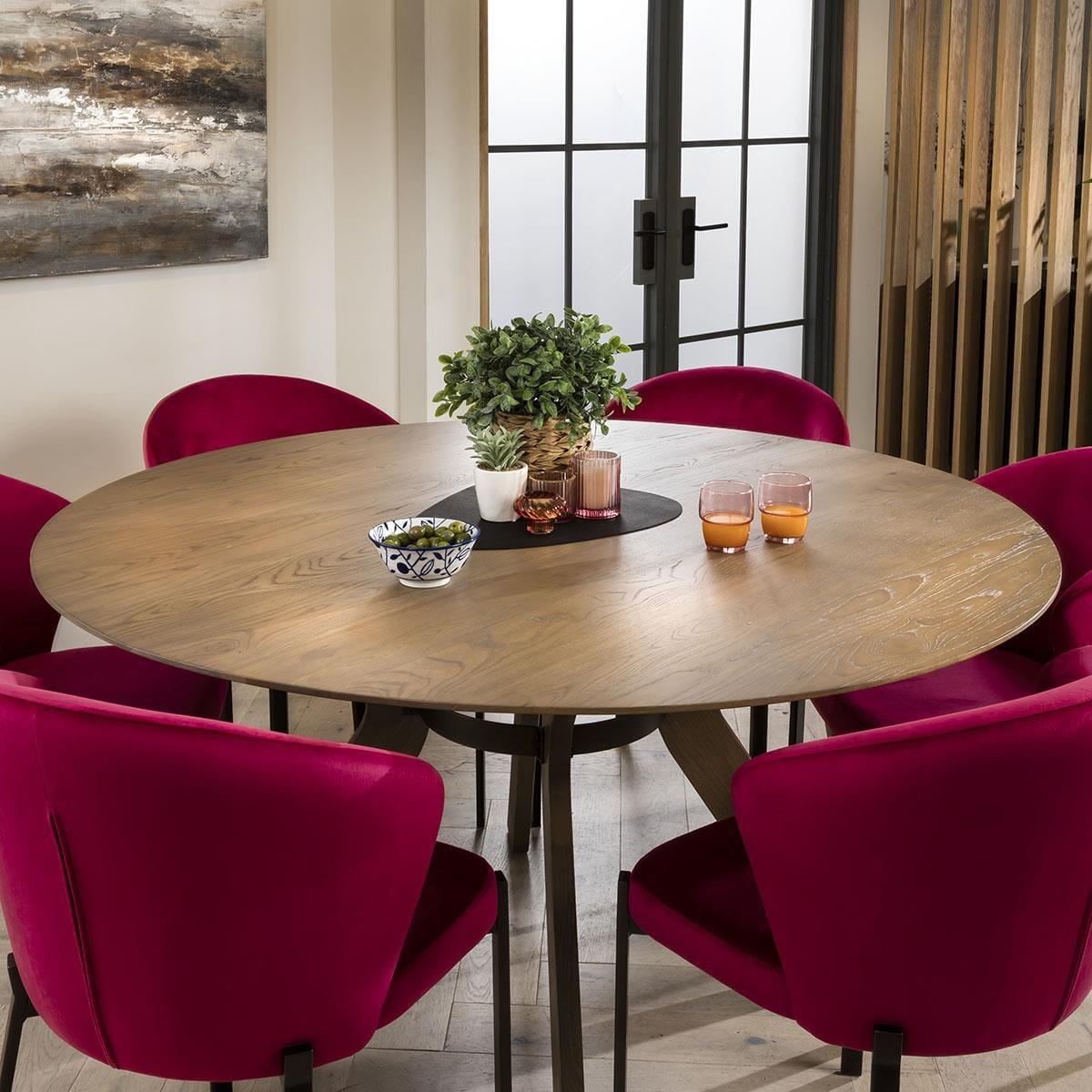 Modern 6 Chair Stained Round Solid Wooden Dining Table Set Red 150cm – image 2