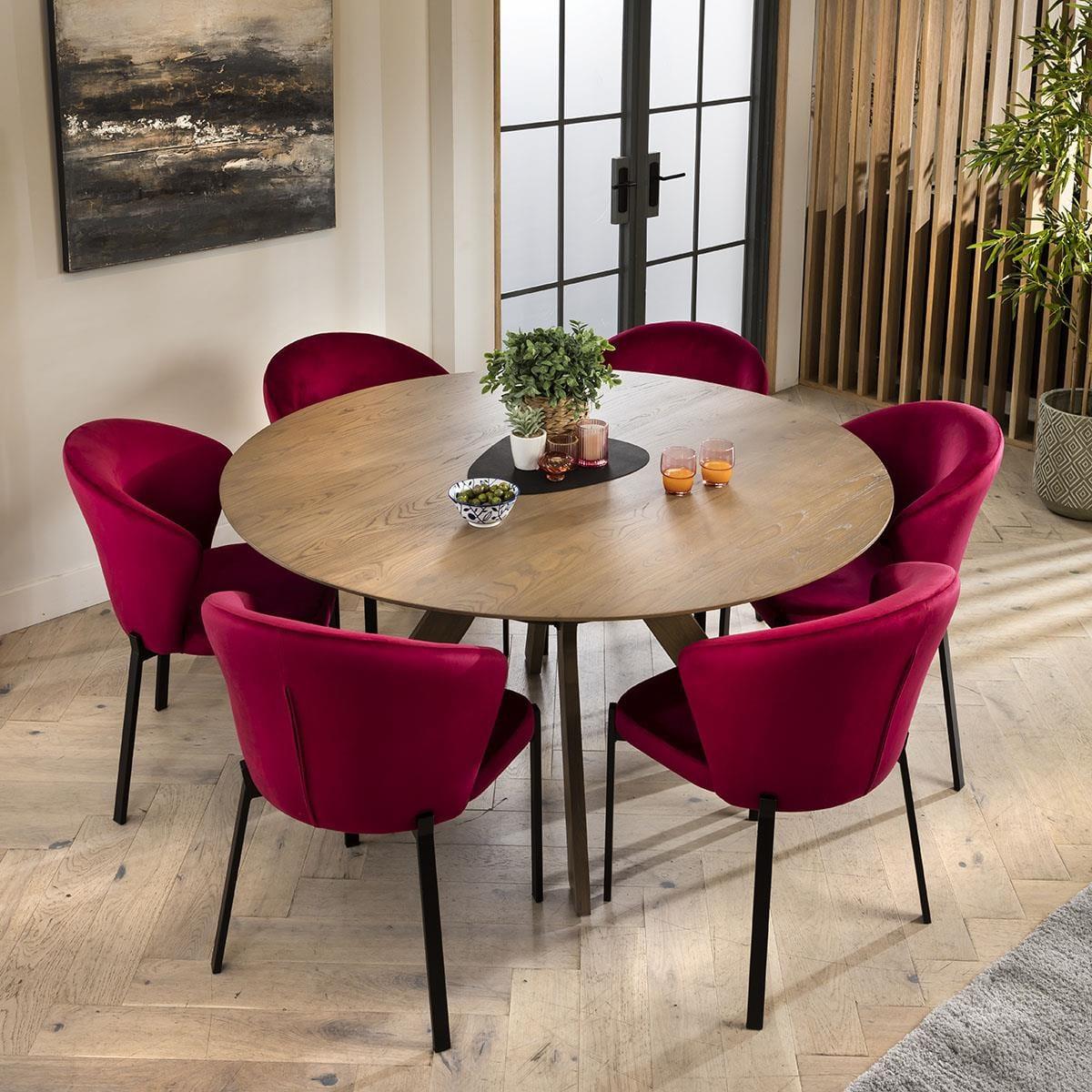 Modern 6 Chair Stained Round Solid Wooden Dining Table Set Red 150cm – image 3