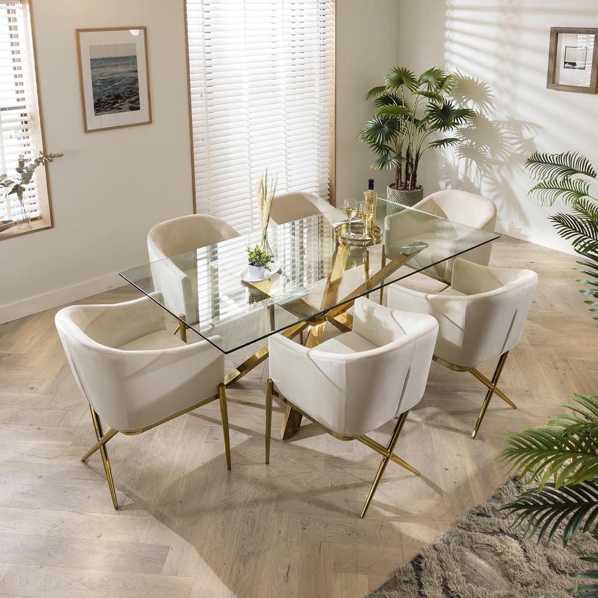 Gold Pedestal Glass Table & Cream Velvet Chairs - 6 Seater Dining Set – image 2