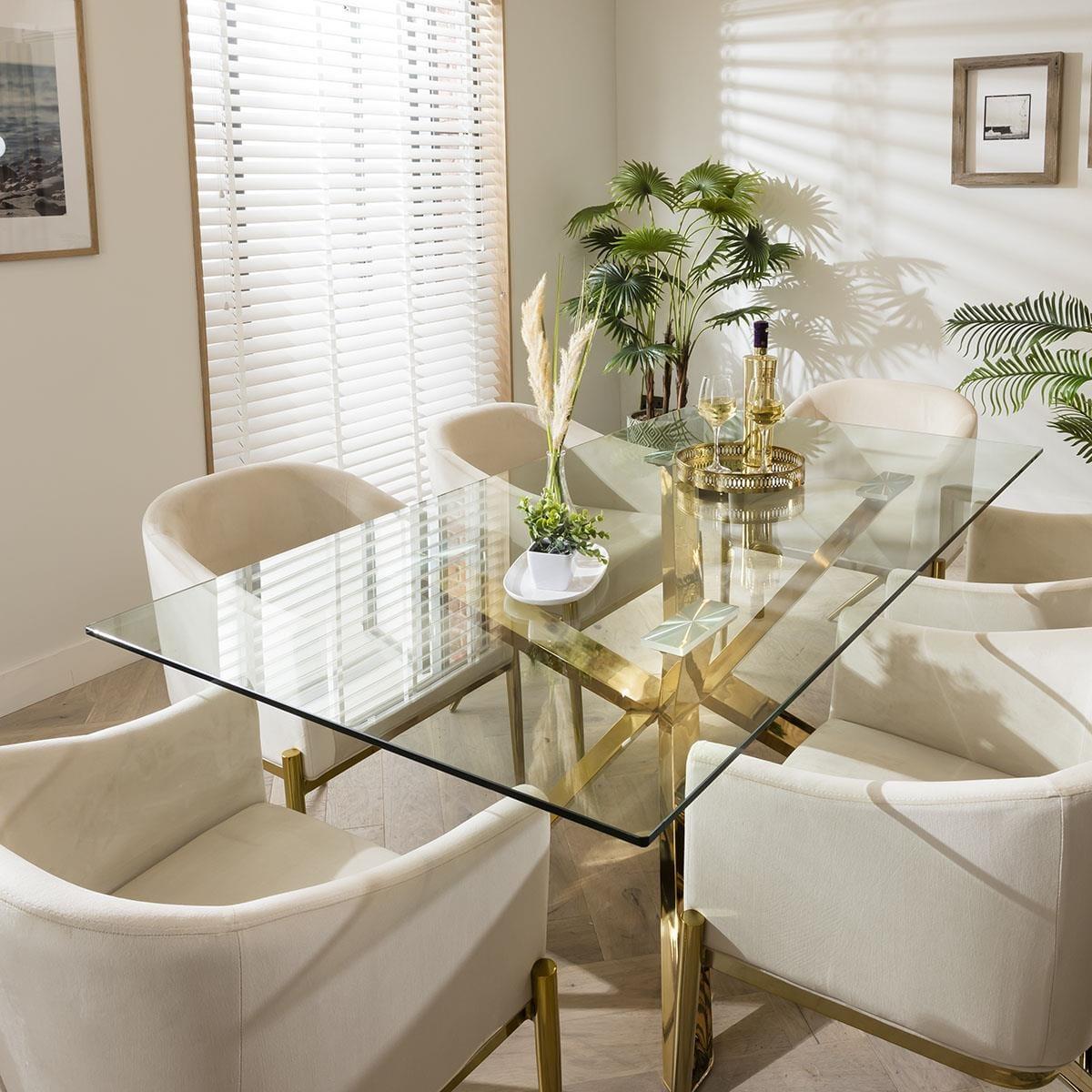 Gold Pedestal Glass Table & Cream Velvet Chairs - 6 Seater Dining Set – image 3
