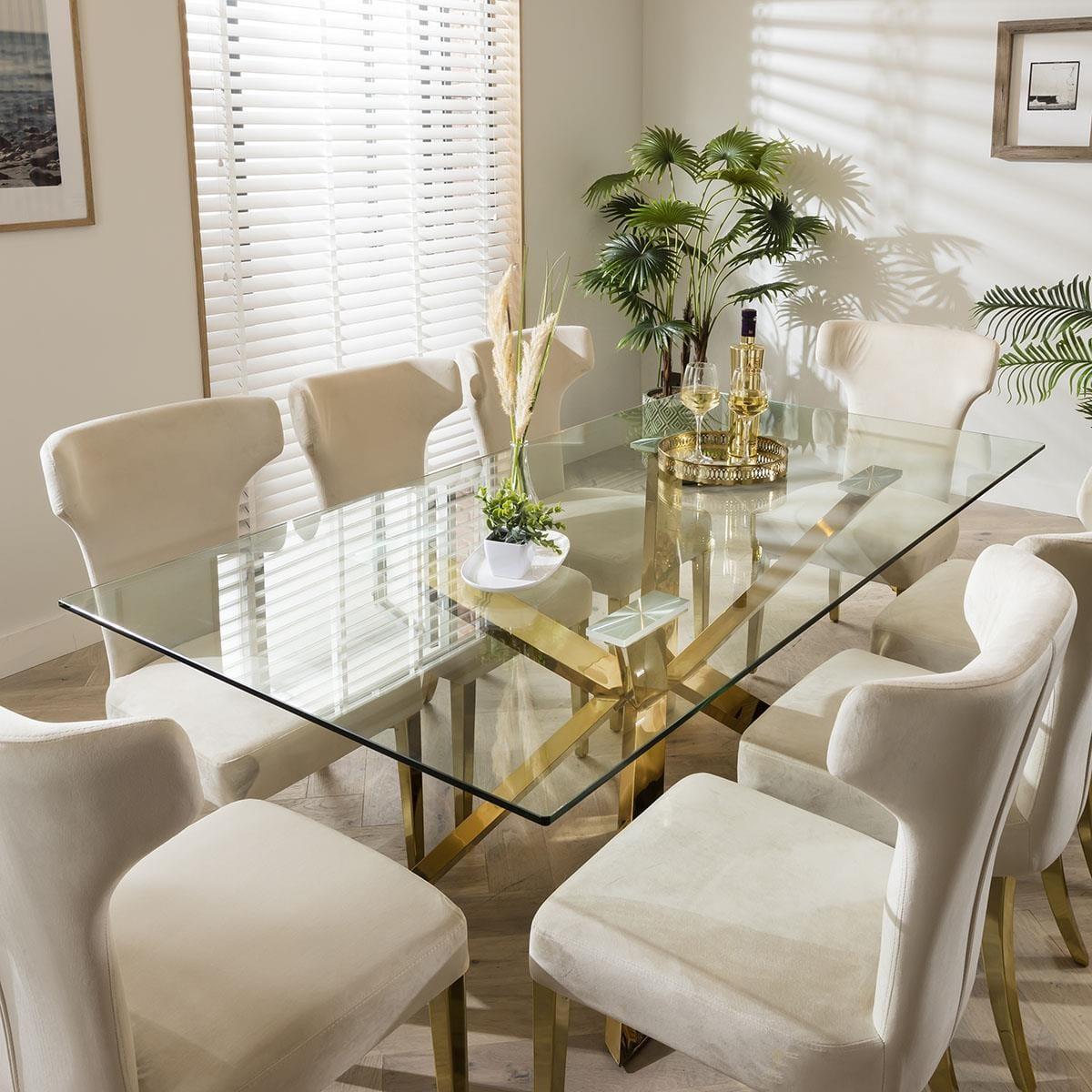 Gold Pedestal Glass Table & Cream Velvet Chairs - 6 Seater Dining Set – image 4