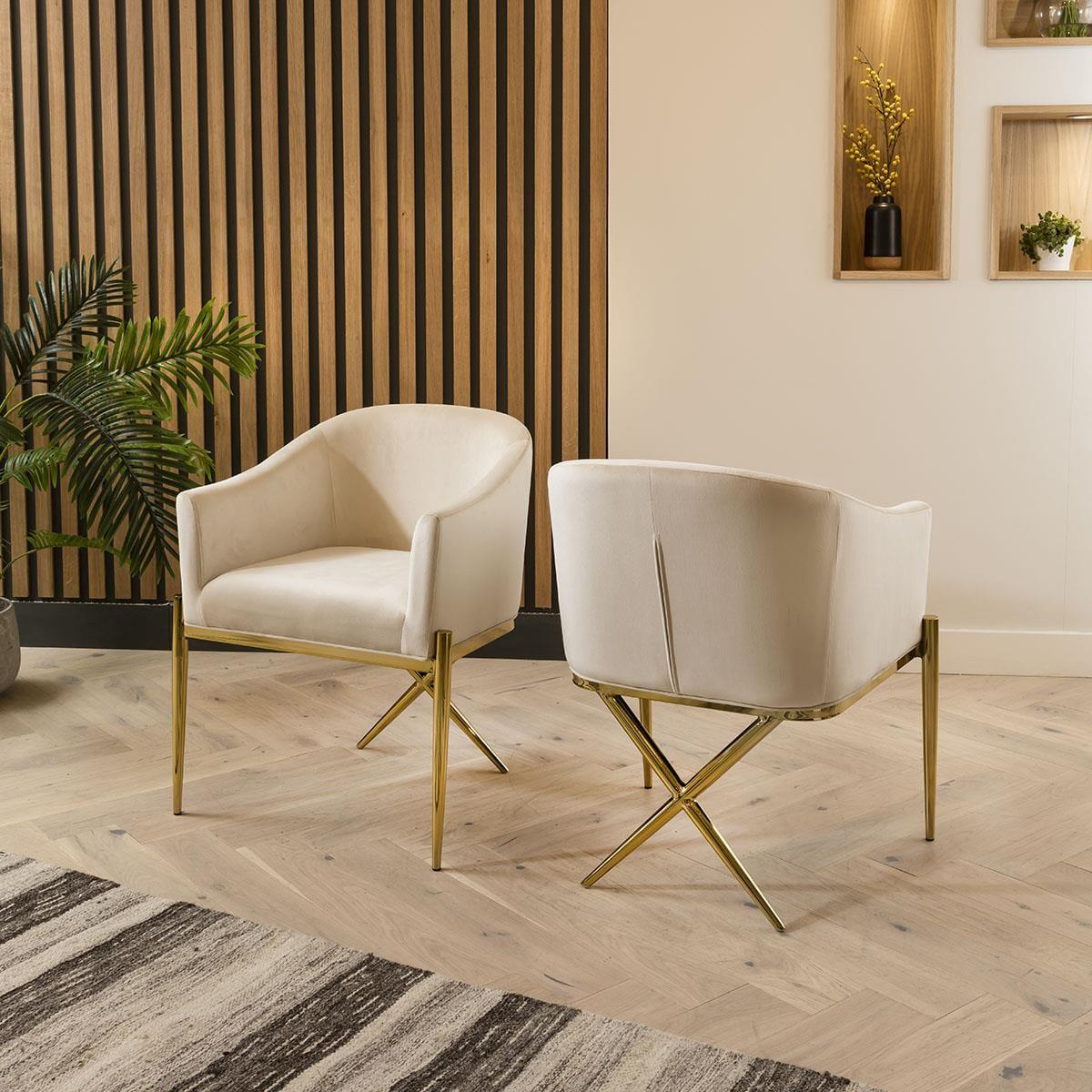 Gold Pedestal Glass Table & Cream Velvet Chairs - 6 Seater Dining Set – image 9
