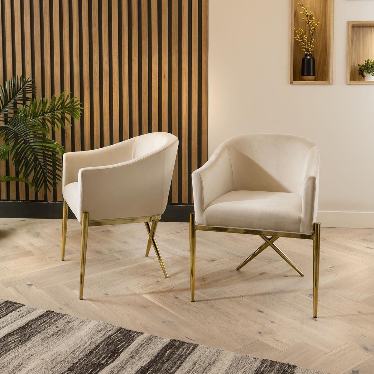 Gold Pedestal Glass Table & Cream Velvet Chairs - 6 Seater Dining Set – image 10