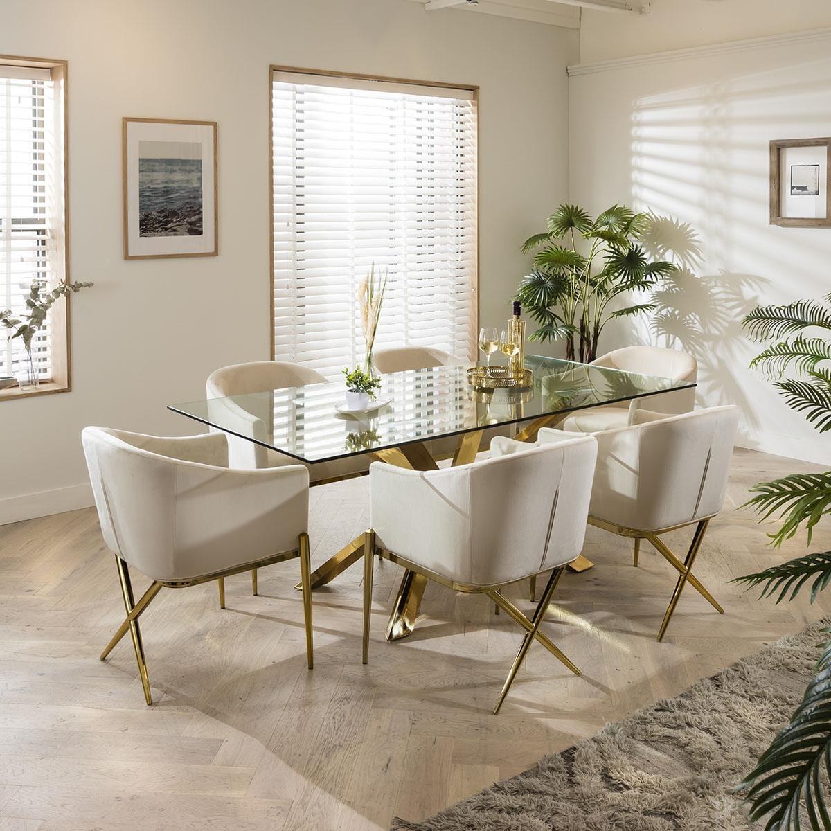 Gold Pedestal Glass Table & Cream Velvet Chairs - 6 Seater Dining Set – image 1