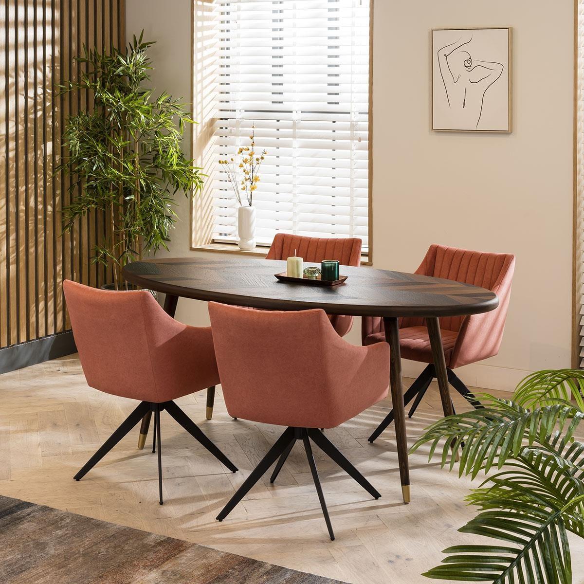 Modern 4 Seater Oval Dining Set Swivel Carver Chairs With Arms Pink – image 2