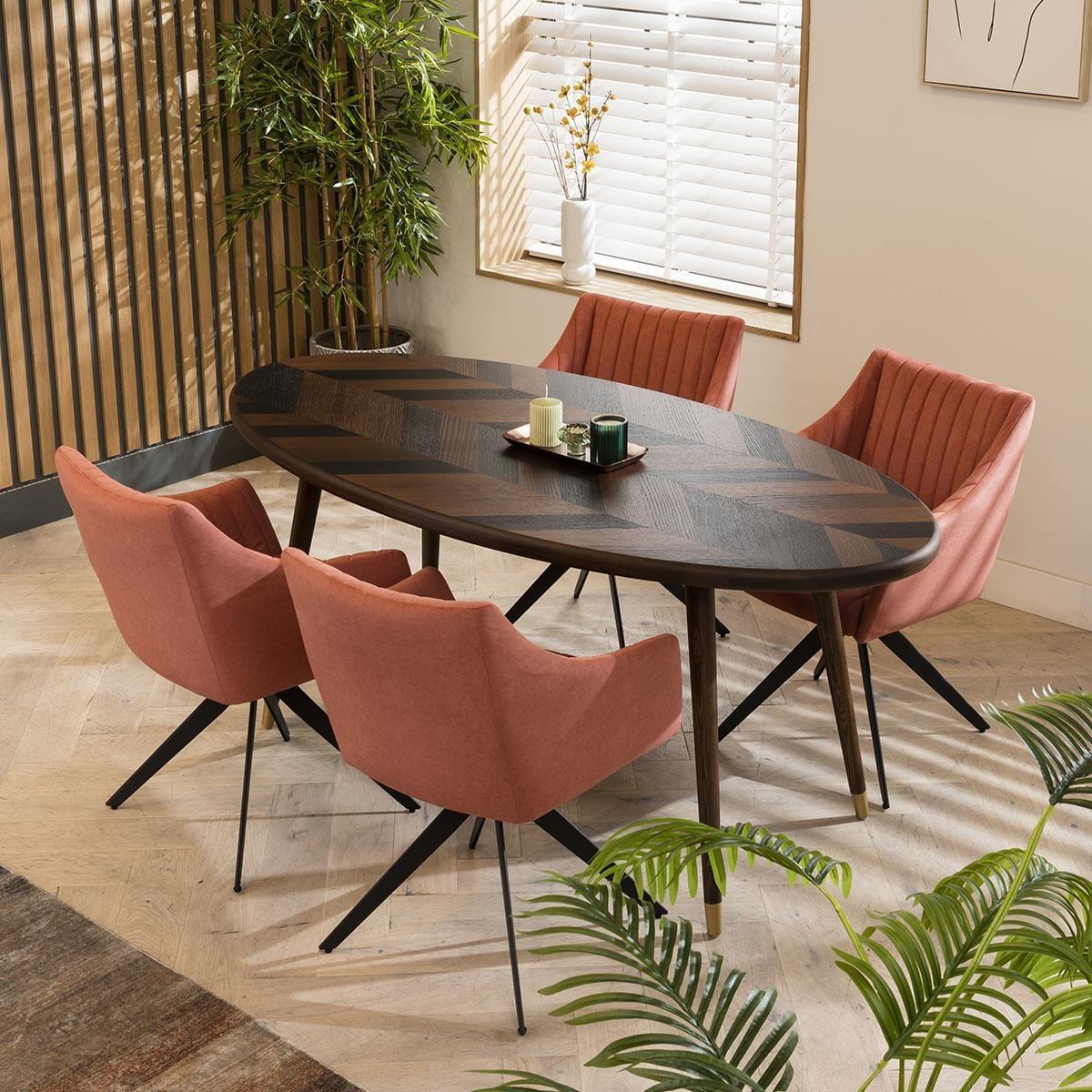Modern 4 Seater Oval Dining Set Swivel Carver Chairs With Arms Pink – image 3