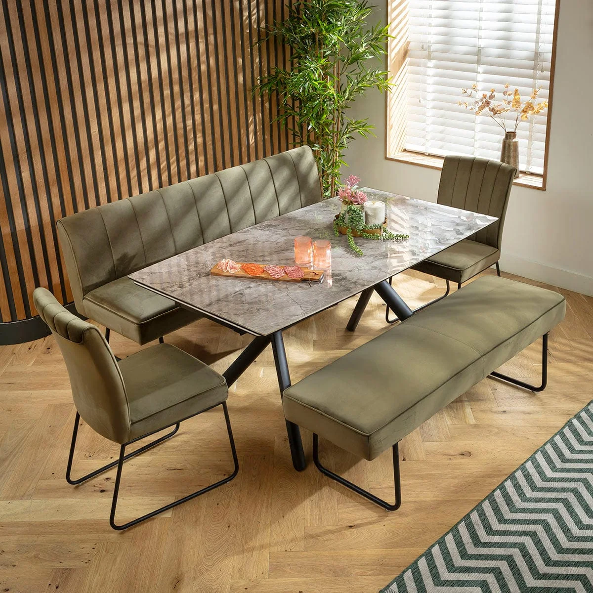 Modern 8 Seater Extendable Bench Dining Set Green & Grey Ceramic XB2 – image 2