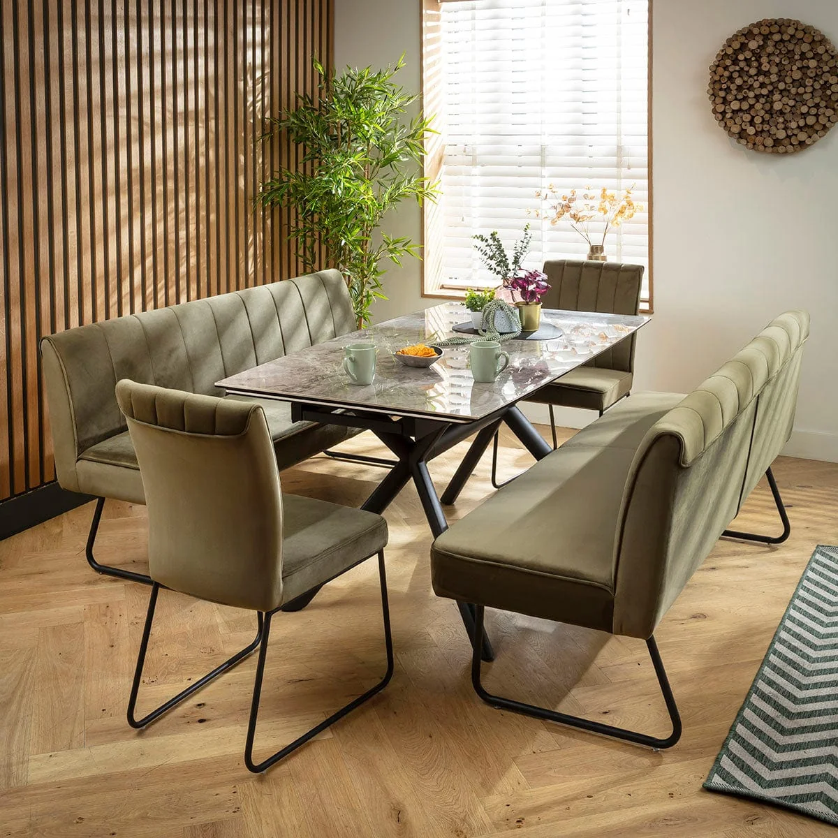 Modern 8 Seater Extendable Bench Dining Set Green & Grey Ceramic XB2 – image 4