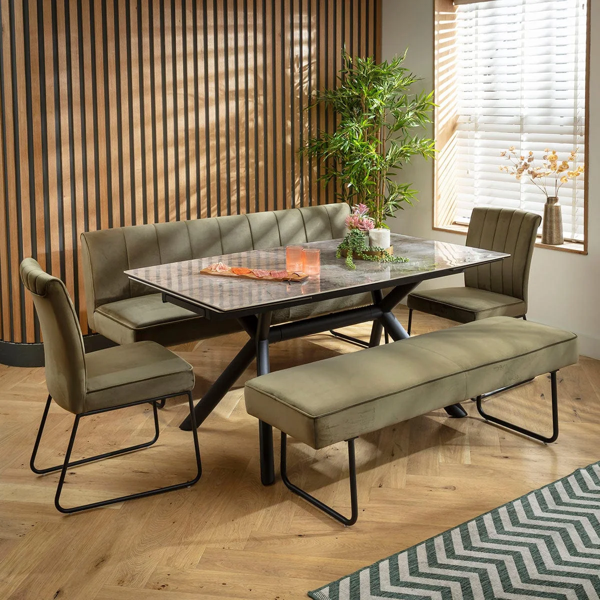 Modern 8 Seater Extendable Bench Dining Set Green & Grey Ceramic XB2 – image 1