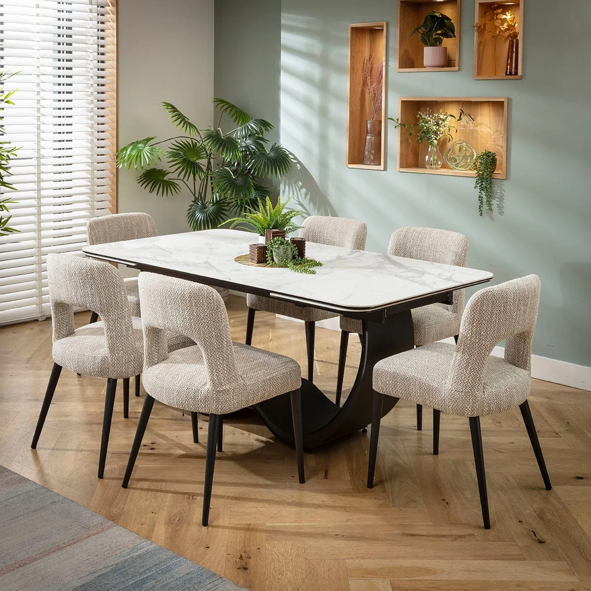 Modern Extendable Dining Table and Chairs 6 Seater Set Brown & Matte White Ceramic – image 2