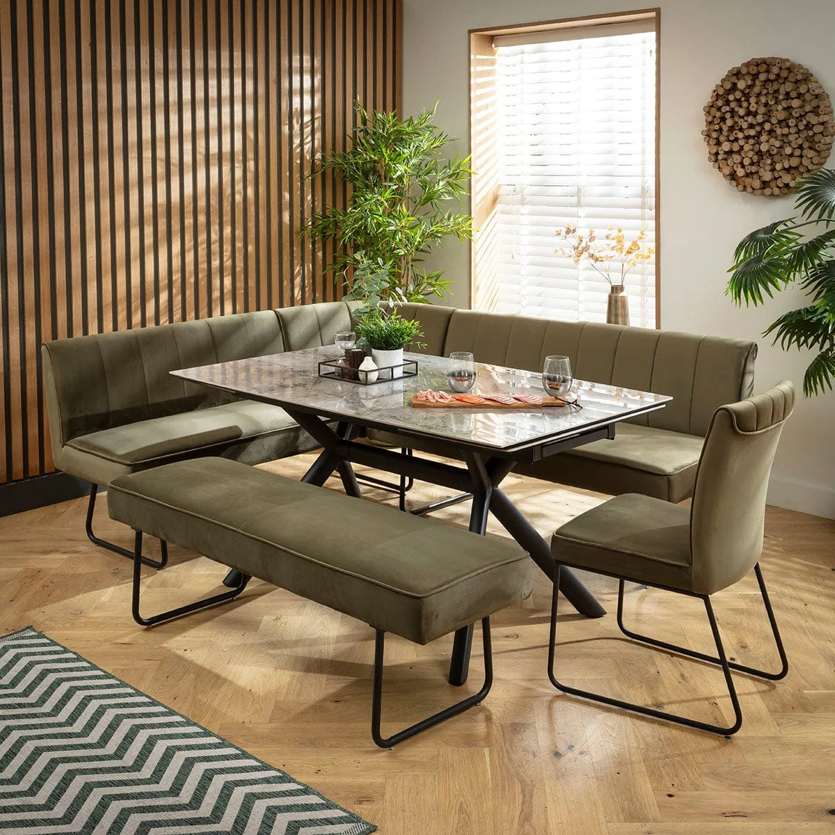 Modern 9 Seater Extendable Corner Bench Dining Set Green & Grey Ceramic LRBB1 – image 2