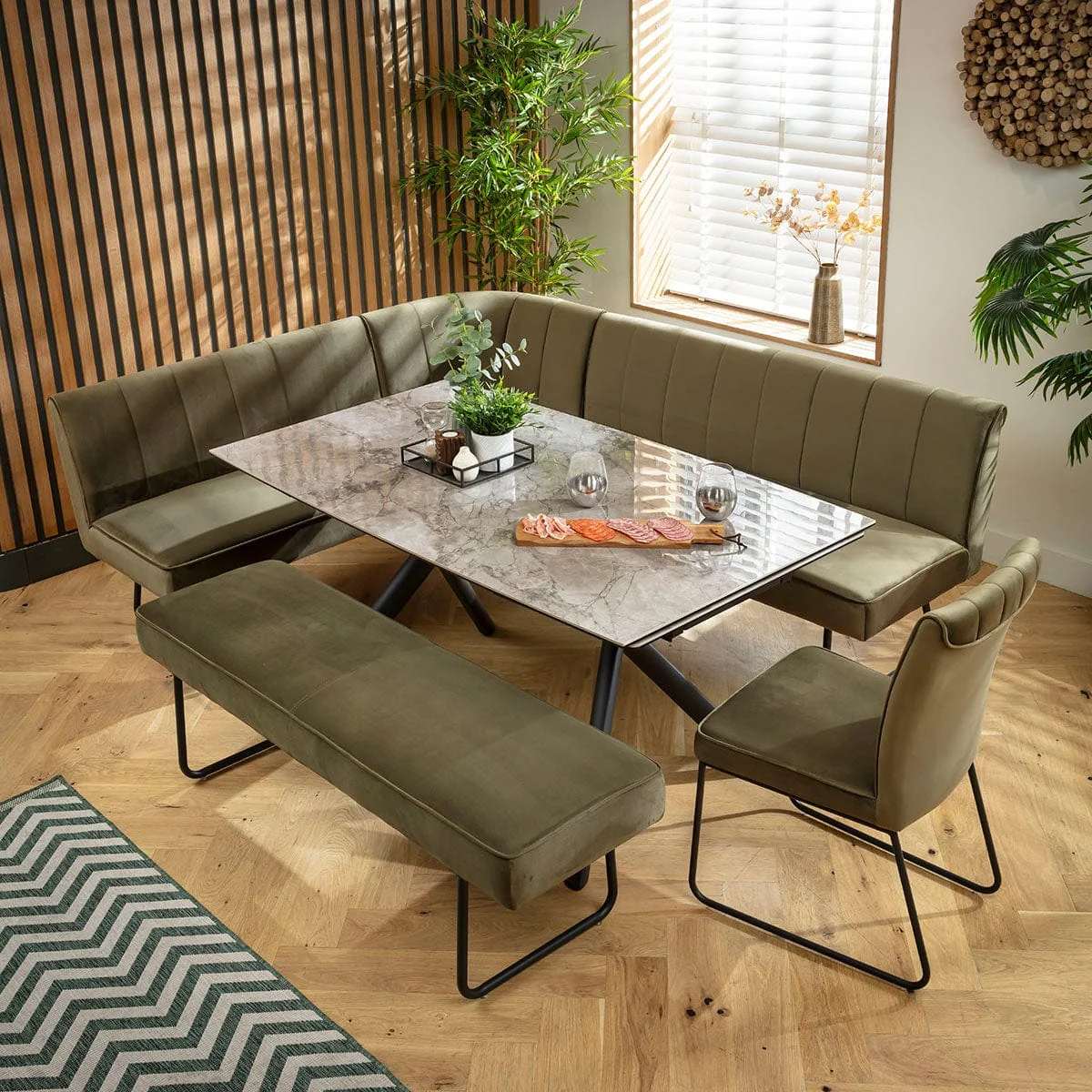 Modern 9 Seater Extendable Corner Bench Dining Set Green & Grey Ceramic LRBB1 – image 4